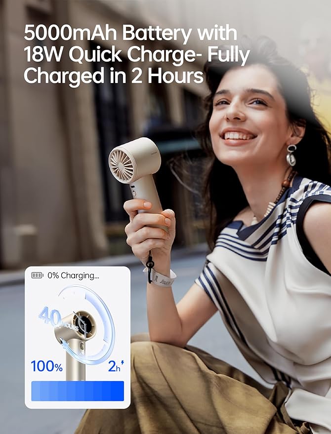 JISULIFE Handheld Fan Pro1S - Next-Gen Airflow: Up to 40H Runtime | Metal Body-Enduring Quality, 1-100 Speed Scroll Wheel, 5000mAh-Portable Fan for Travel, Gifts for Women Men(Amber Gold) - Image 4