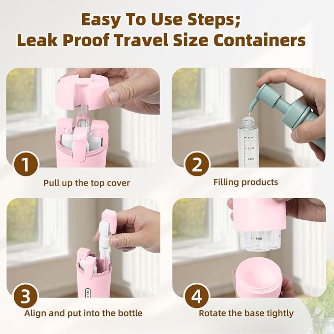 4-in-1 Travel Dispenser Bottle,4 Pack 30ML Travel Bottles for Toiletries, Leak Proof Travel Size Containers (Pink) - Image 5