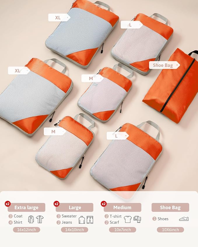 Meowoo 7 Set Compression Packing Cubes for Travel, Durable Ripstop Mesh Suitcase Organizer with Shoe Bag, Ultralight & Expandable Space Saver Travel Cubes - Image 2