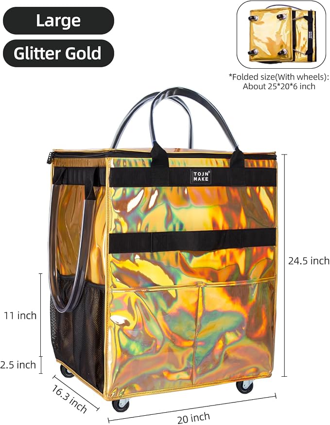 Reusable Grocery Bag with Wheels, Large Glitter Gold Rolling Tote | 8 Pockets, Zipper Cover, Foldable for Women, Kitchen, Travel, Carries Up to 76LBS - Image 4