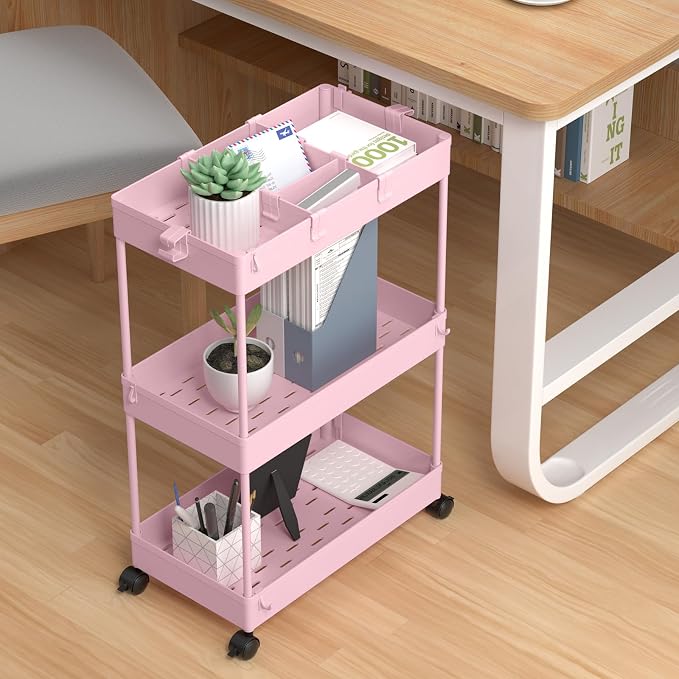 3 Tier Rolling Cart with Wheels, Storage Craft Art Trolley Organizer Serving, 3 Hanging Baskets Easy Assembly, for Office, Living Room, Kitchen, Pink - Image 5