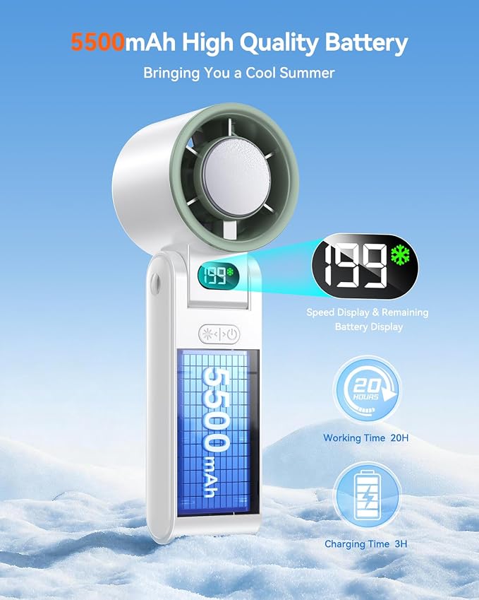 Portable Handheld Fan with Ice Cooler, 199 Speed Personal Fan,5500mAh Rechargeable,20H Cooling Time,20000 RPM Powerful Motor, Summer Essential for Travel/Outdoor/Office, White - Image 5