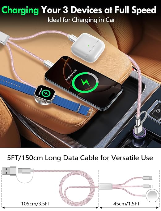 Travel Essentials for Apple Watch Charger,iPhone Charger,3 in 2 Type C/Lightning/Magnetic Travel Charging Cable,Portable Multi Charging Cable for Apple Watch, iPhone 17‑11,Samsung S26,Car,iPad-5FT - Image 7
