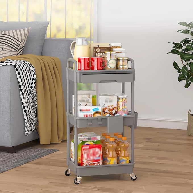 3 Tier Rolling Utility Cart with Drawer, Plastic Storage Organizer Rolling Carts with Wheels Handles Hanging Cups Hooks for Office, Bathroom, Kitchen,Craft Art Room (Grey) - Image 8