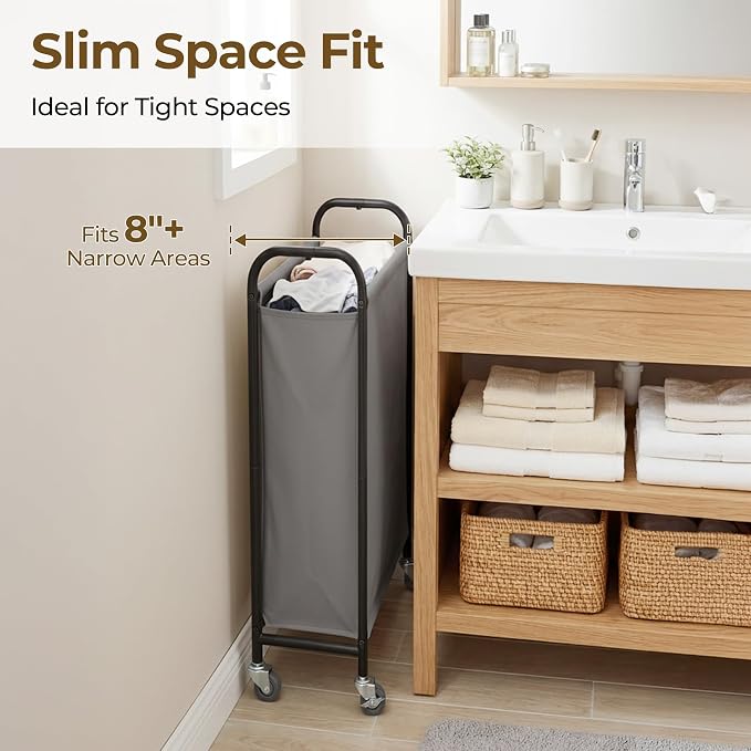 GRANNY SAYS Laundry Hamper, Slim Basket with Wheels and Handles, Grey, 80L | Heavy Duty Metal Frame, Silent Rolling Cart for Clothes in Bedroom, Bathroom, Dorm - Image 3