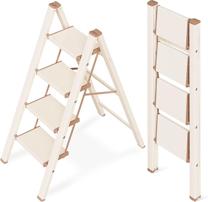 4 Step Ladder, Folding Step Stool with Anti-Slip Wide Pedal | Lightweight, Aluminum Material, 330LBS Load, Portable, Easy Storage, Space Saving, for Kitchen, Bedroom Use, Chocolate White by GameGem