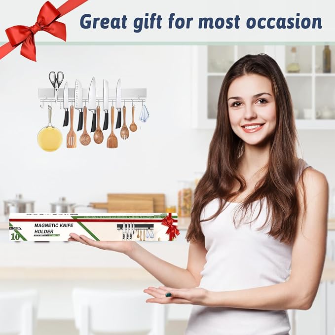 17 Inch Magnetic Knife Holder for Wall - Stainless Steel Knife Magnetic Strip No Drill with 10 Hooks/Adhesive Tape/Screws, Kitchen Utensil Holder, Magnetic Knife Organizer, Wall Mounted Knife Storage - Image 7