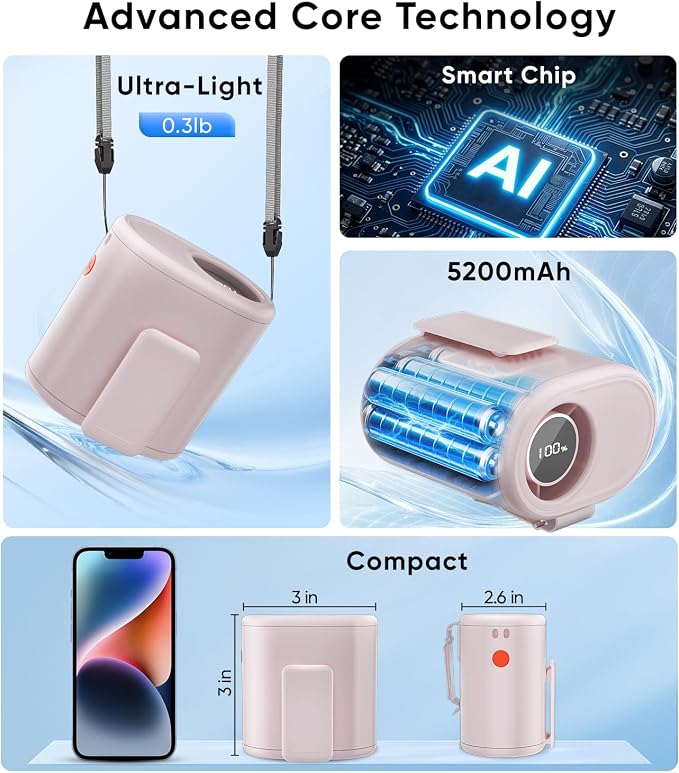 AI Portable Waist Fan, 6-Speed 15,000RPM Strong Turbo Airflow, 30H Cooling Battery Powered Personal Fan Rechargeable, Wearable Hands-Free Shirt/Belt/Body Fan for Travel, Work, Outdoor Off-White - Image 6
