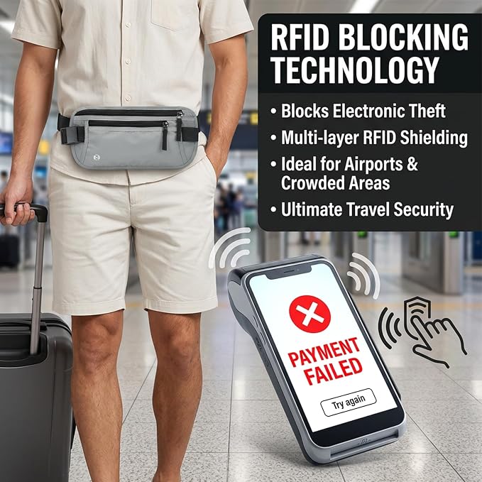RFID Blocking Money Belt for Travel, Hidden Anti Theft Waist Pouch with RFID Protection, Slim Passport Holder Fanny Pack for Cash, Credit Cards, Phone & Travel Essentials (LightGrey) - Image 2