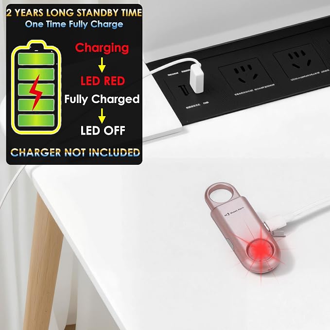135dB Rechargeable Personal Safety Alarm Strobe Light Flashlight Keychain Siren for Women, College School Students Emergency SOS Alerts Loud Sound Torchlight Hiking Alarm Bear Deterrent. Rose Gold - Image 5