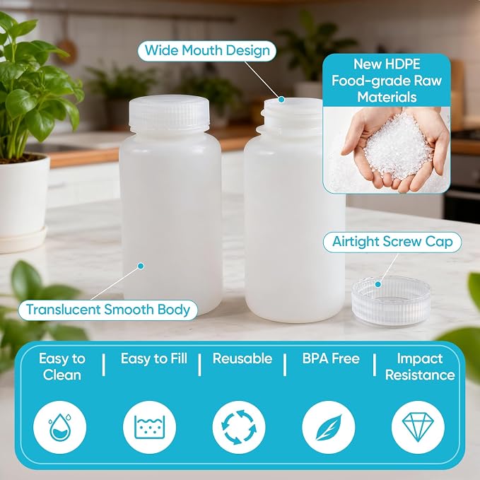DEMORA 8 oz Plastic Bottles with Lids, Airtight Refillable Wide Mouth Travel Bottles for Toiletries, HDPE Food Grade Plastic Containers for Liquids Pill Water Sample Lab Reagent (Translucent, 2 Pcs) - Image 7
