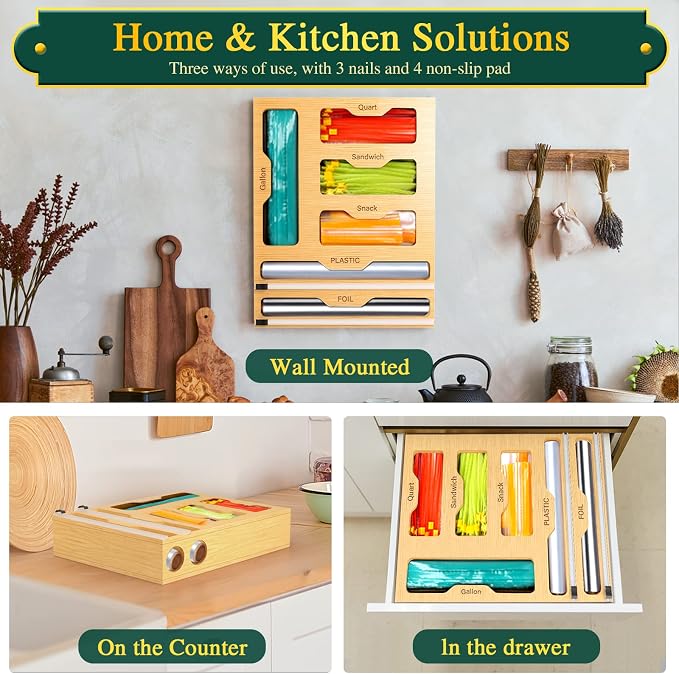 KOCWELL Bag Organizer and Plastic Wrap Dispenser with Cutter, 6 In 1 Bamboo Foil and Plastic Wrap Organizer for Kitchen Drawer, Food Storage Bag Organizer for Gallon,Quart,Sandwich,Snack(Yellow) - Image 8