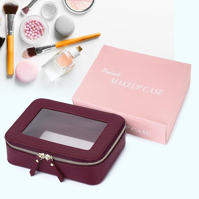Pinkmik Clear Makeup Bag, (Burgundy, M) | Waterproof, Travel Cosmetics and Toiletries Case, Portable Makeup Organizer, Clear Car Bag with Zippe - Image 7