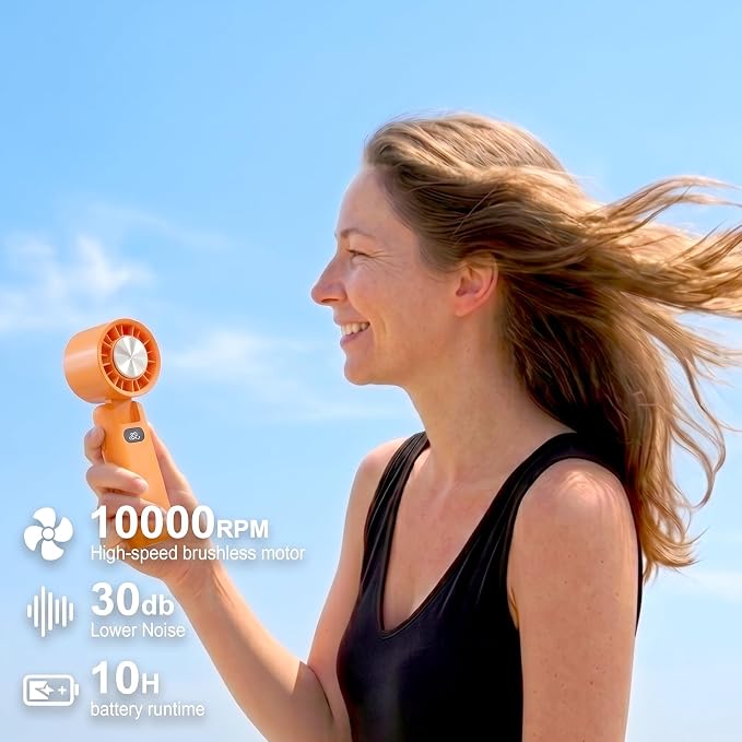 fygurso Personal Portable Clip-on Handheld Fan Rechargeable, Orange | Neck-Crossbody fit lanyard. Detachable clip. 10H battery. LED monitor. 5-Speed from 30dB low noise to 10000rpm blast. - Image 7