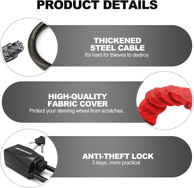 KAYCENTOP Steering Wheel Lock to Seat Belt Lock Anti-Theft Car Device | Max 17'' Locking Length, Quick Lock and Compact, Security Thicken Steel Cable, Fit Most Vehicle, SUV, Golf Cart, Bright Red - Image 4