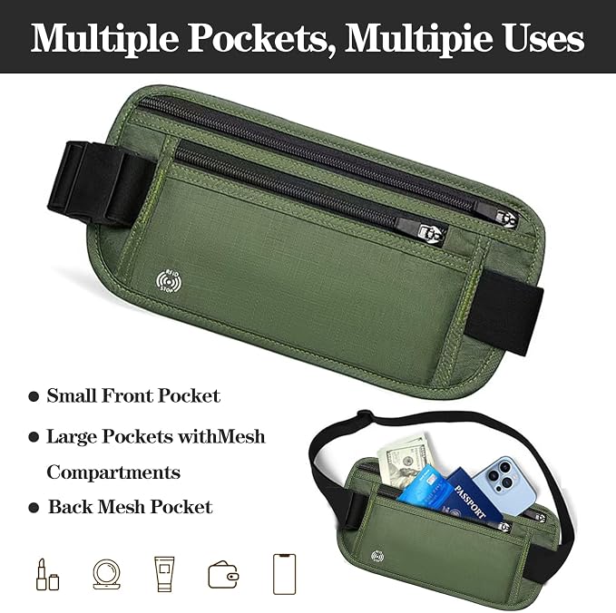 Green Hidden Money Belt for Travel for Men, Waist Wallet Anti Theft, RFID Passport Holder For Travel Men Or Women, Money Pouch, RFID Passport Holder - Image 5