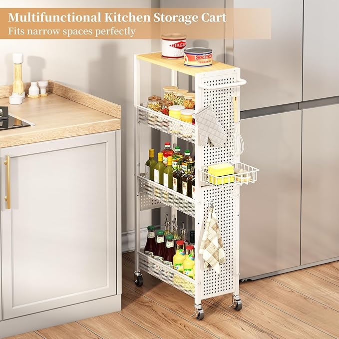 Slim Storage Rolling Cart: 4-Tier Narrow Metal & Wood Utility Cart with Wheels for Kitchen/Laundry/Bathroom(White) - Image 3