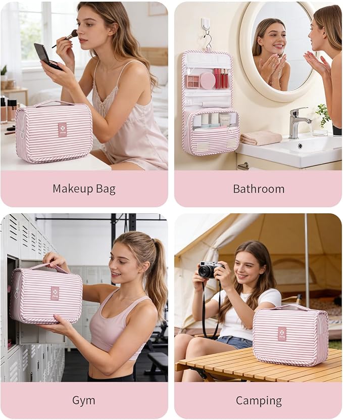 Narwey Small Hanging Toiletry Bag for Travel Women Girl, Striped Toiletries Travel Bag with Hook, Hanging Makeup Bag Organizer Make Up Cosmetic Bags, Gifts for Kids Teen (Dusty Pink Stripe) - Image 8