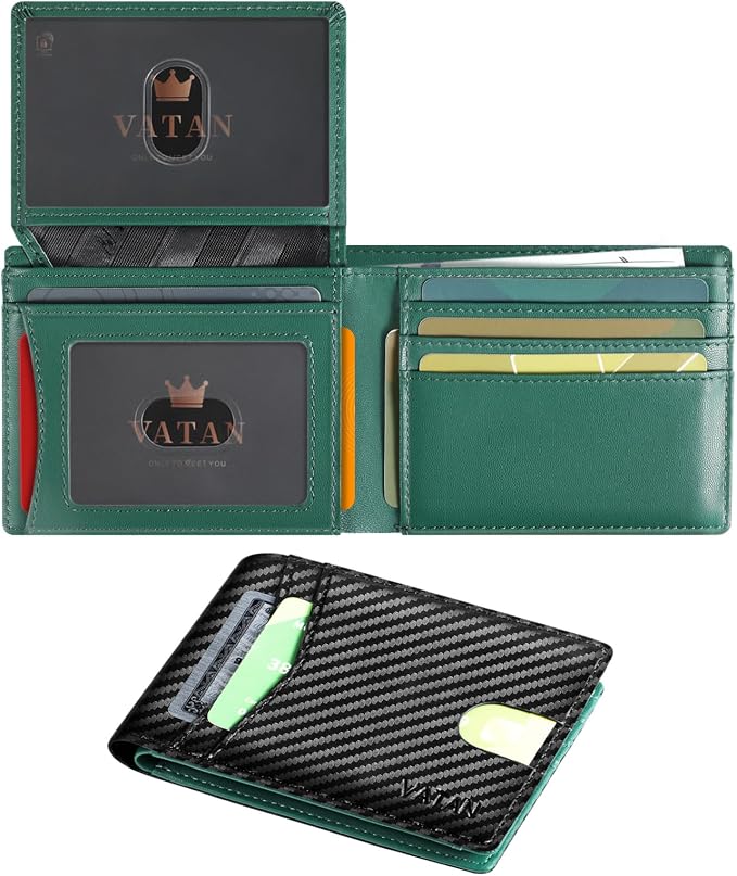 VATAN Wallet for Men Slim RFID Blocking Leather Credit Card Holder Wallet for 15 Cards, Bifold Minimalist Thin Wallet with 2 ID Windows & Cash Slot, With Gift Box (Carbon black and Green) by VATAN
