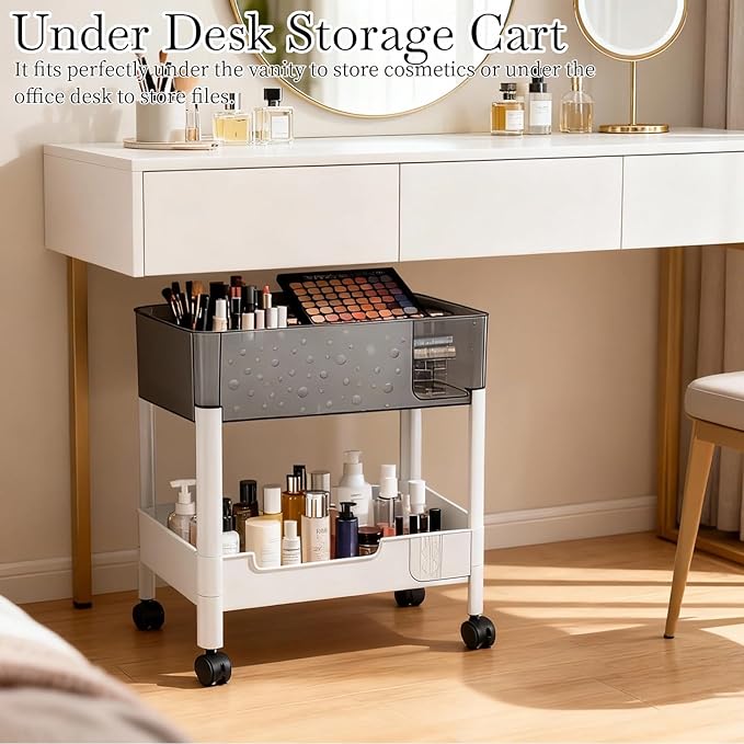 2 Tier Rolling Cart with Wheels for Under Desk Storage, Heavy Duty Plastic Short Small Utility Cart for Small Space Bathroom Vanity Makeup Organizer Pantry, 4.7'' Deep Baskets for Tall Bottles - Image 5