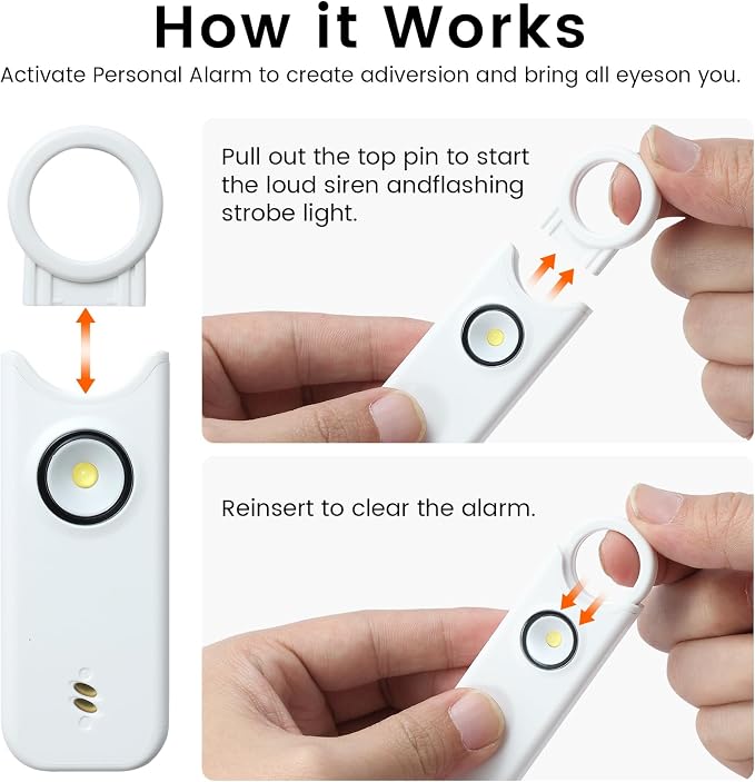 TIPSEAN Personal Safety Alarm - 135dB Ultra Loud Siren with LED Strobe Light, USB-C Rechargeable, Compact Keychain Alarm for Women/Men, Emergency Flashlight & Vibration Alert(White) - Image 2