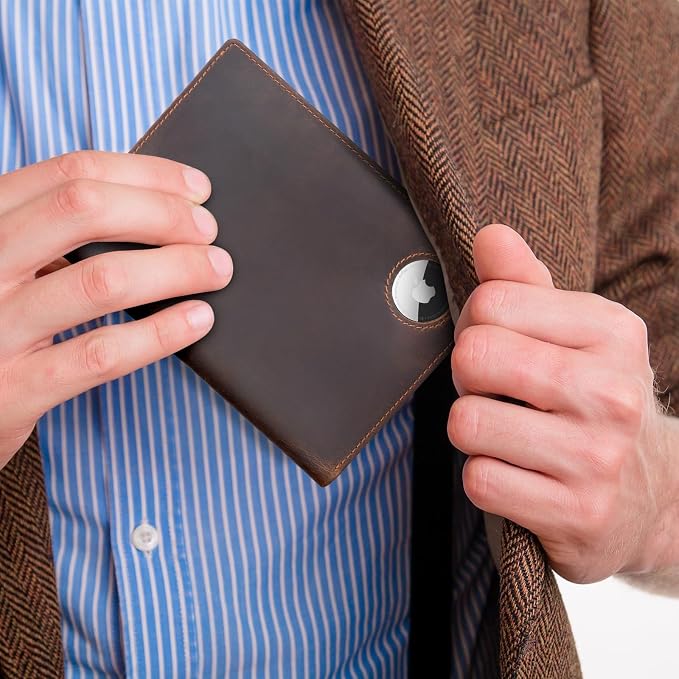 Polare Leather AirTag Passport Holder RFID Blocking Travel Bifold Wallet | Luxury Full Grain Cowhide Leather, AirTag Slot, Vintage Passport Cover Case, International Travel Wallet, Dark Brown - Image 3