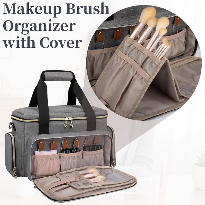 GDNasist Large Makeup Bag, Portable Travel Makeup Bag Organizer | Cosmetic Travel Bag for Women Girls with 2 Removable Pouches & Detachable Dividers, Toiletry Bag for Makeup and Hair Supplies - Image 3
