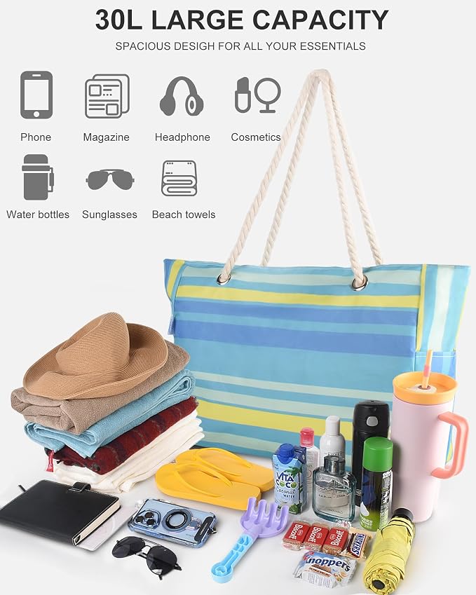 Genteen Beach Bag for Women, Large Waterproof Sandproof Beach Tote with Zipper Pocket, Solid for Travel Pool - Image 5
