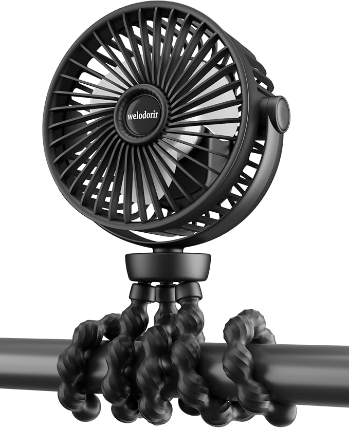 Portable Stroller Fan, 5200 mAh Rechargeable Personal Fan, with 360° Rotate Flexible Tripod and TYPE-C Port 3 Speed Small Mini USB Clip-on Fans Can Handheld and Desk for Stroller Car Seat Crib Outdoor by welodorir