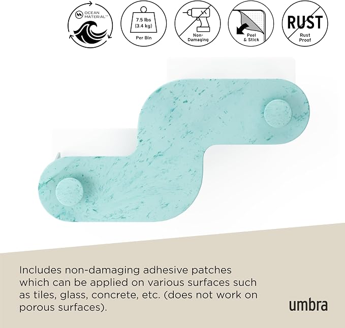 Umbra Nami Shower Caddy, Adhesive No Drill Bathroom, Set of 2, Ocean Blue | Waterproof construction, integrated drainage, rust-free, holds 6 lbs - Image 6