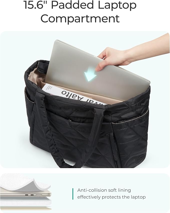 BAGSMART Tote Bag for Women, Puffer Tote Bag with Zipper, Large Quilted Shoulder Bag with Compartments for Travel, Work, Gym - Image 8