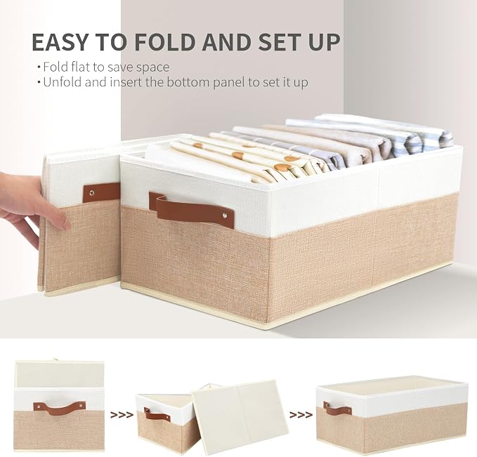 6 Pack Fabric Storage Bins, Large Storage Baskets for Shelves | Foldable Closet Organizer Storage Boxes with Leather Handles for Clothes, Sheets, Jeans, Toys, Books (Beige and White) - Image 7