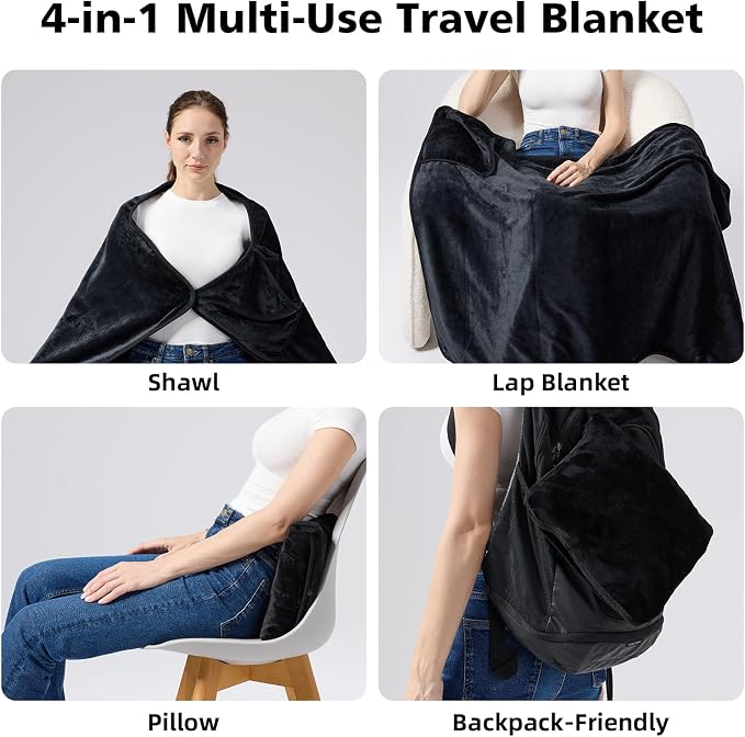 Packable Travel Throw Blanket, Black | Soft lightweight wearable travel accessory with carry pouch, airplane blanket, road trips, office naps,outdoor camping - Image 2