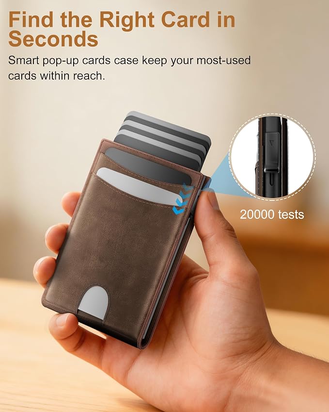 Wallet for Men: Pop Up Card Case, RFID Blocking, Slim, Minimalist, Genuine Leather, Front Pocket, Smart, Thin, Compact, Magnetic Flap Closure - 2 ID Windows, Up to 12 Cards & 15 Bills (Brown) - Image 7