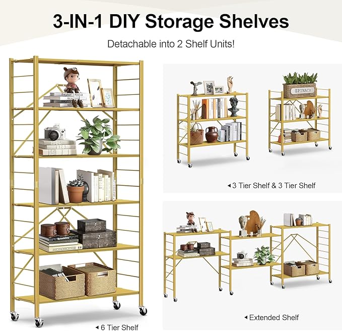 Himix 6-Tier Foldable Storage Shelves Expandable Shelf Wheels Gold 2-in-1 | Folding shelving units, Metal collapsible organization, Changeable into 2 shelf units, Bookshelf, Garage, Holds 3600 Ibs - Image 3