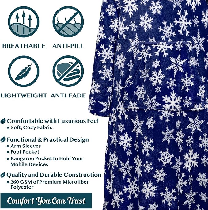 PAVILIA Fleece Blanket with Sleeves, Foot Pockets for Women Men Adults, Plush Wearable Blanket Throw Wrap, Warm Snuggle Blanket Robe, Cozy Gift Ideas Wife Mom, Snowflake Blue - Image 4