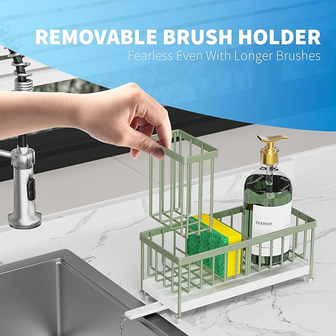 Cisily Sponge Holder for Kitchen Sink, Sink Caddy Organizer with High Brush Holder, Kitchen Countertop Organizers and Storage Essentials, Rustproof 304 Stainless Steel (Sage Green, 9.25″) - Image 3