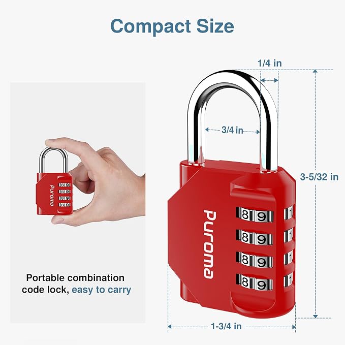 Puroma 4 Pack Combination Lock Locker 4 Digits Combo Padlock Gym Red | For School Gate Fence Toolbox Hasp Storage, Outdoor, Resettable, Weatherproof, Side Window, Crack Cut Resist, Hardened Steel - Image 5