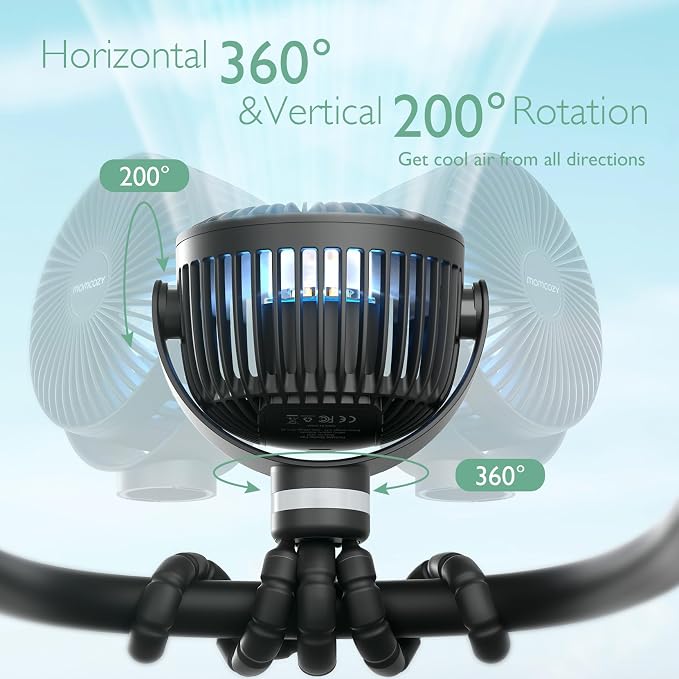 Momcozy 8000mAh Portable Stroller Fan | 27H Ultra-long Battery Life | Detachable 4 Speed 360°Rotate | 2 Modes LED Night Light, USB Rechargeable Handheld Cooling Fan for Travel, Car Seat, Bedroom - Image 7