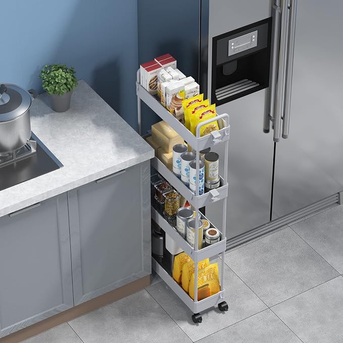 SOLEJAZZ Slim Rolling Storage Cart Skinny Bathroom Organizer, 4 Tier, Gray | Thin utility cart with wheels for bathroom, laundry room, bedside, kitchen, dorm, office, next to fridge, small narrow places - Image 3