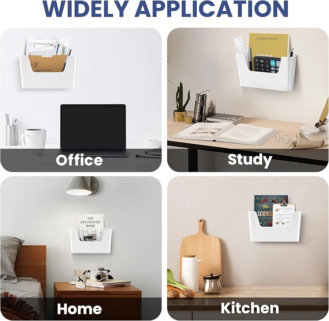 JOMOLA No Drilling File Holder 5 Pack Mail Organizer Wall Mount File Organizer Holder Office Wall Hanging Files Magazines Organizer Plastic Door Mount Wall Pocket with Adhesive Pad, White Color - Image 6