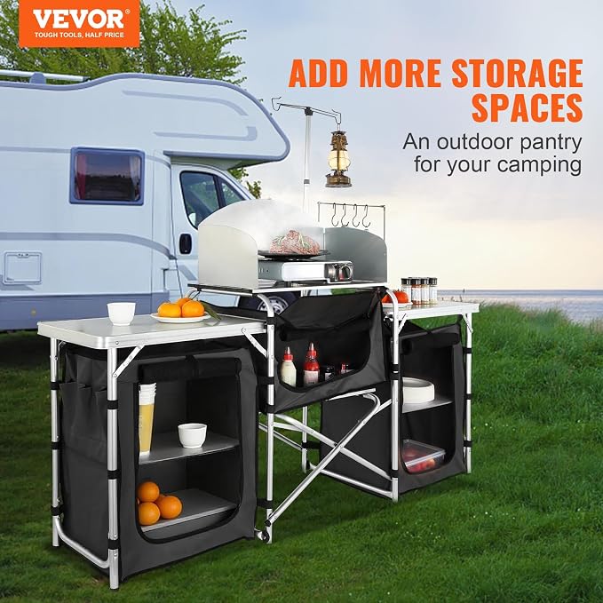 VEVOR Camping Kitchen Table, Folding Outdoor Cooking Table with Storage Carrying Bag, Aluminum Cook Station 3 Cupboard & Detachable Windscreen, Quick Set-up for Picnics, BBQ, RV Traveling, Black | Portable Lightweight Setup, Storage Pockets, Sturdy Cor... - Image 4