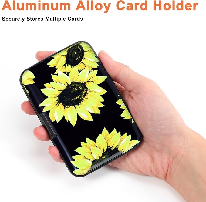 Mayski Credit Card Holder for Women RFID Blocking Wallet, Sunflower | Card Wallets for Women Small Mini Business Metal Accordion Aluminum Alloy Hard Case for Men - Image 3