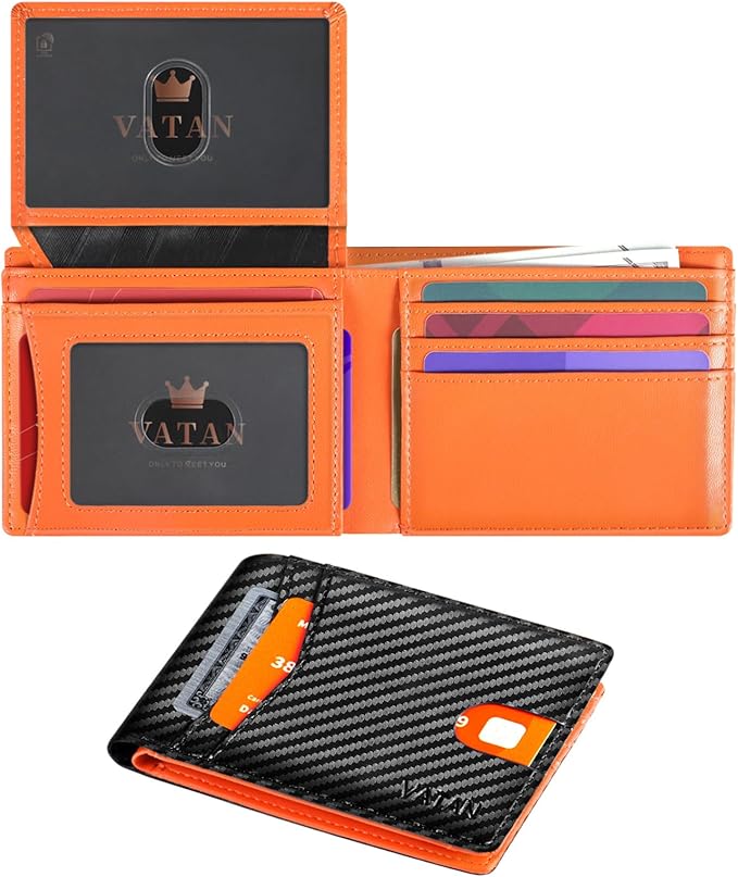 VATAN Wallet for Men Slim RFID Blocking Leather Credit Card Holder Wallet for 15 Cards, Bifold Minimalist Thin Wallet with 2 ID Windows & Cash Slot, With Gift Box (Carbon Black and Orange) by VATAN