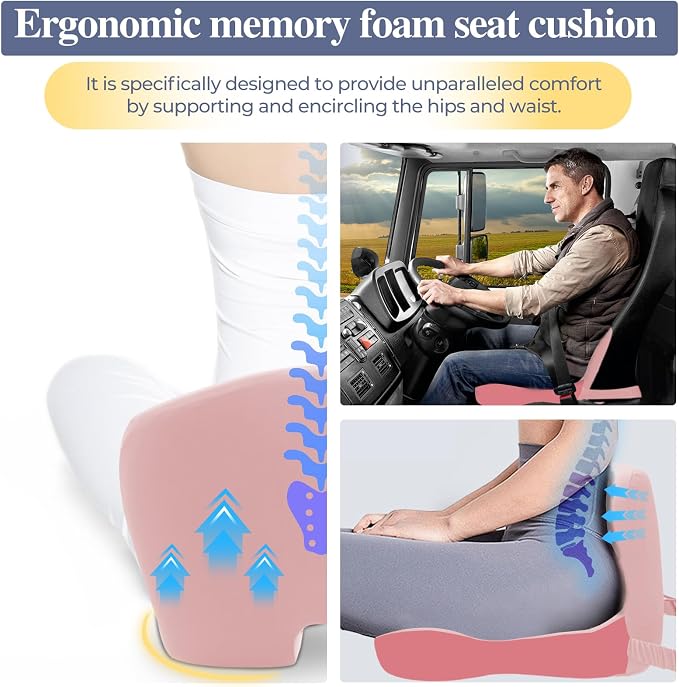 Memory Foam Seat Cushion for Sciatica & Back Pain Relief - Ergonomic Chair Pad with Adjustable Strap & Supportive Comfort Cover, Non-Slip for Car, Truck, Office Chair - Pink - Image 3