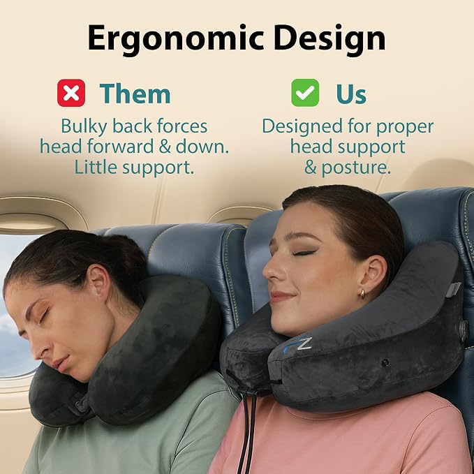 FLOWZOOM Air Inflatable Neck Pillow for Traveling on Plane - H-Shape Hooded Airplane Pillow with 5 Snooze Modes, Fast Inflation, Pressure Control, Cozy Clip-On Hood & Plushy Cover - Size L, Jet Black - Image 4