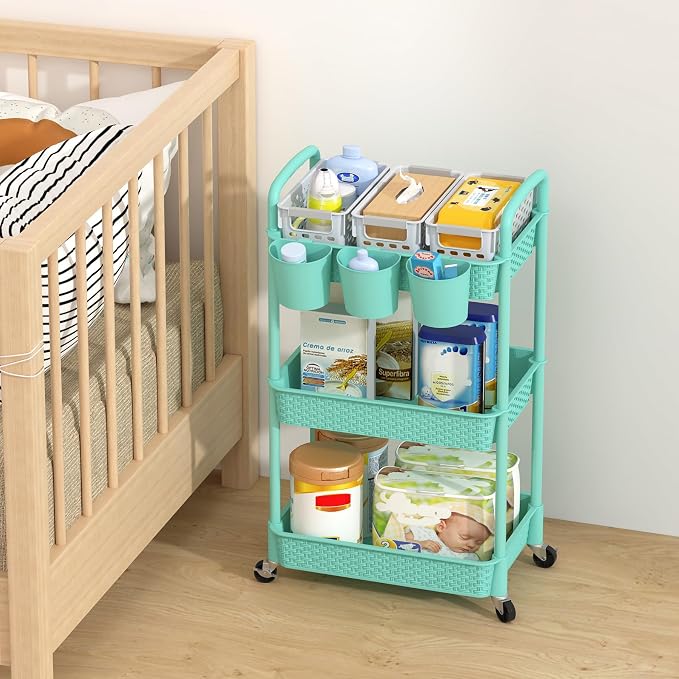 MOYIPIN 3-Tier Plastic Rolling Utility Cart with Handle,Turquoise | Utility Storage Cart for Office, Living Room, Kitchen,Movable Storage Organizer，Easy installation，Rattan-like art design - Image 5