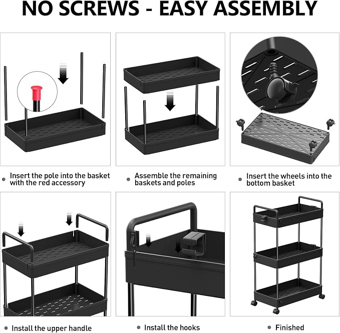 SOLEJAZZ 3 Tier Slim Rolling Storage Cart Organizer with Wheels, Black | Utility cart for bathroom, laundry, bedside, dorm&narrow spaces. Fits craft, nail, makeup, snack, art, diaper&baby essentials - Image 7