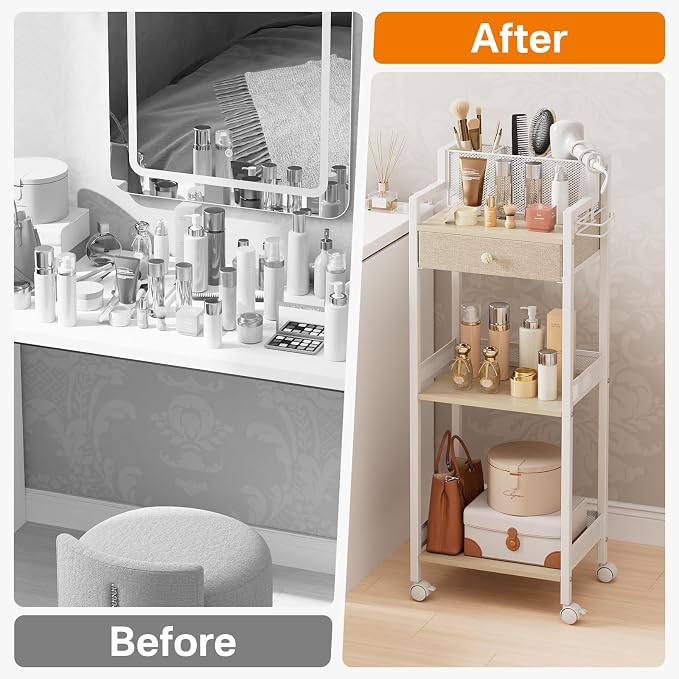 3 Tier Bathroom Organizer Shelf with Drawer, Rolling Makeup Cart | Large Make up Organizers, Cosmetics Display Cases for Hair Tool, Skincare, Kitchen, Bedroom, Laundry Room, Dorm, 12.8in - Image 7