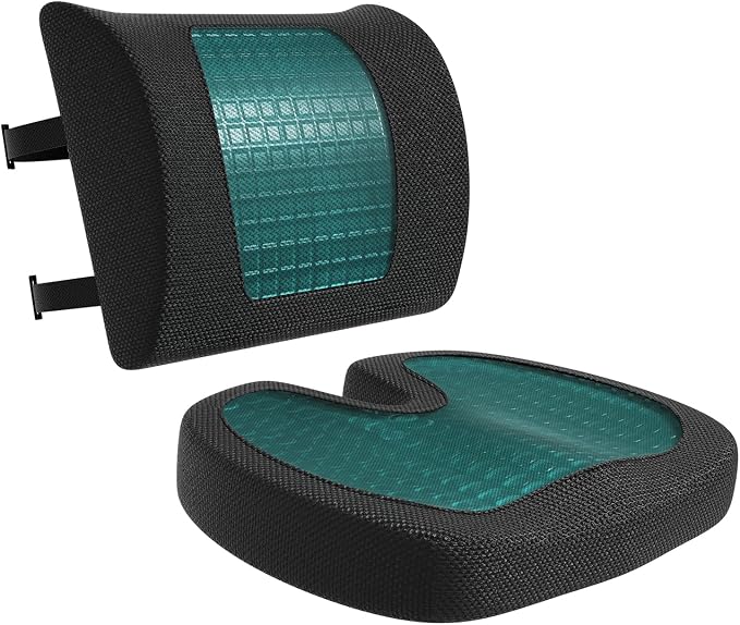 Amazon Basics Comfortable Seat Cushion & Lumbar Support for Office Chairs, Gel Enhanced Memory Foam, Non-Slip, Cooling, Portable, Pack of 2, Rectangular, Black by AmazonBasics